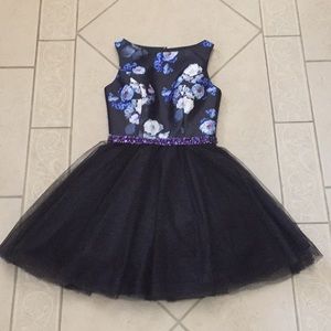 Mon Cheri floral black and purple cocktail dress